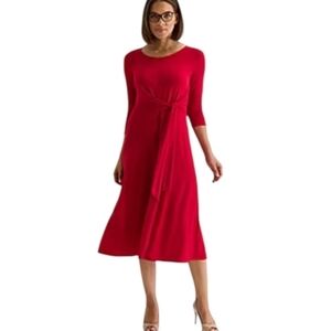 Perceptions Red Knit 3/4 Sleeve Midi Fit + Flare  Waist Tie Dress EUC Sz S
